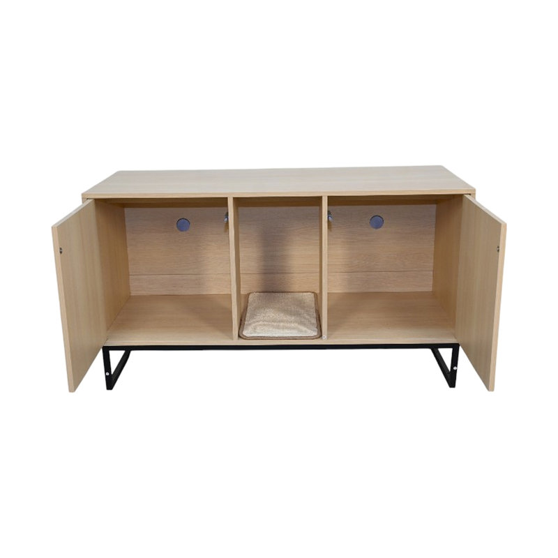 Maison de chat brun, 46,38 po x 21,77 po, 26,1 po, 76,4 lb, avec tapis à griffes, style moderne pour l'intérieur, panneau de particules + bois