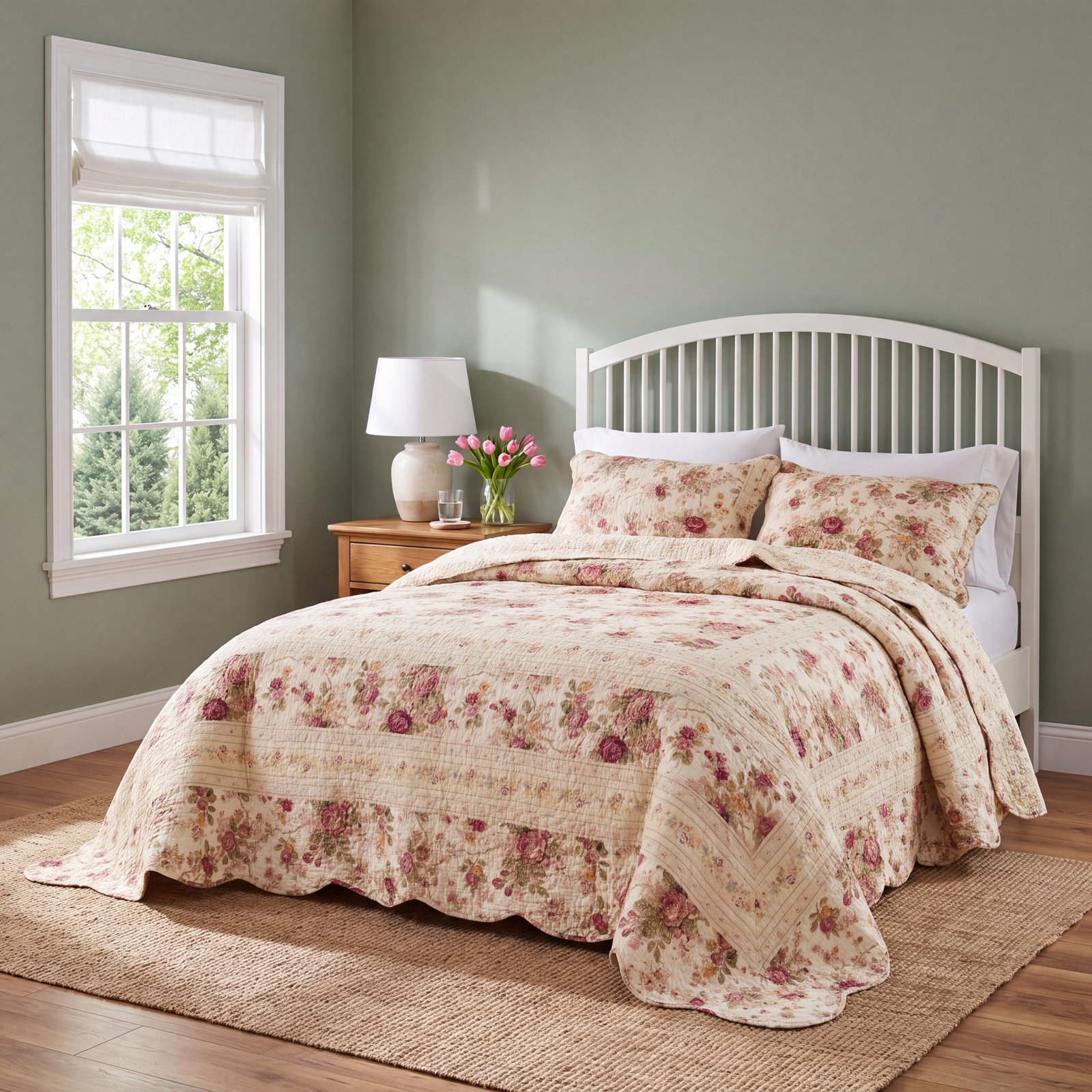 Antique Rose Cotton Reversible Quilt Set, Jumbo Queen Set Quilt + 2 Standard Shams, Ecru