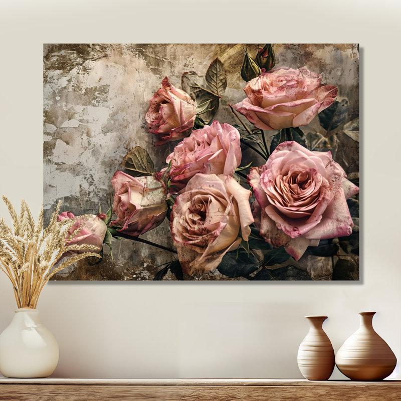 «Pink Rose Vintage Grunge - Roses», reproduction d'art sur toile encadrée, Toile tendue, H 24 po x l 32 po x P 1 po