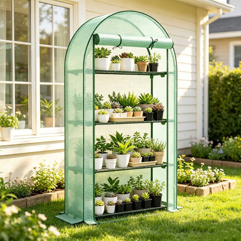 Four Tier Mini Outdoor Greenhouse with 8 Wire Shelves, Roll Up Front Door PE Cover Steel Frame Plant Grow House for Garden Patio Balcony Plant Protection