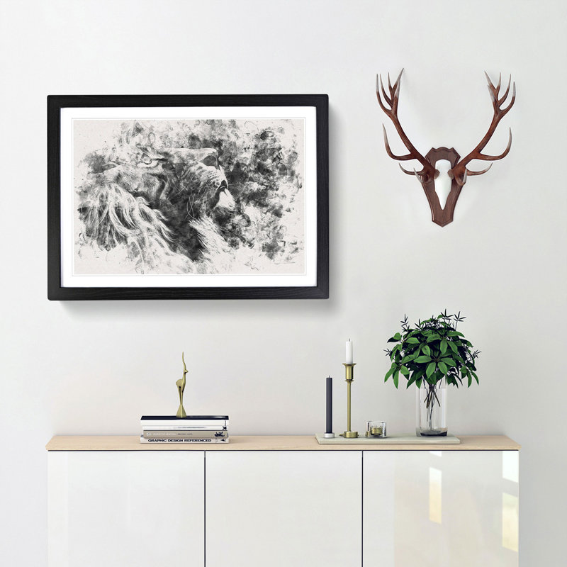 Majestic Lion Illustration Watercolour - Picture Frame Graphic Art Print, 33cm H x 45cm W x 2cm D, Black Framed