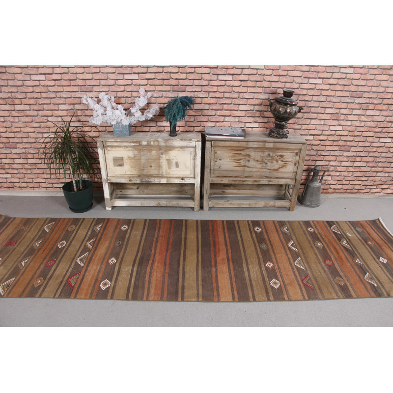 Tapis turc rétro vintage vert Kilim avec des motifs complexes, idéal pour la décoration d'escalier et les décorations de chambre