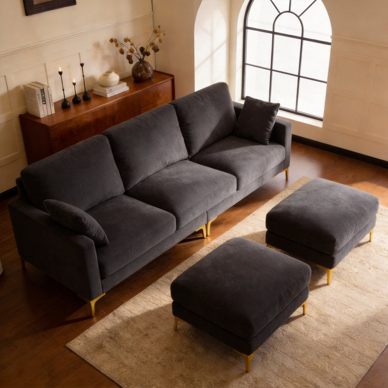 Canapé carré en U 100 po en chenille gris de 100 po avec 2 repose-pieds et rangement latéral, Gris