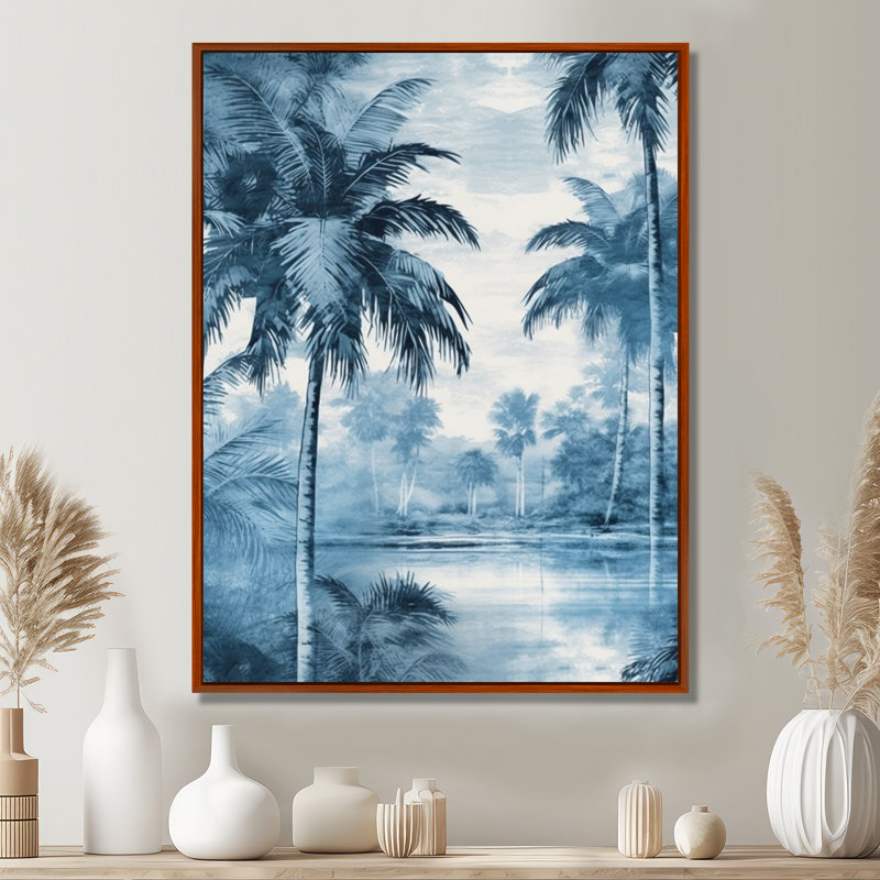 Palmiers bleus rétro, impression sur toile, palmiers, ombres, H 44 po x l 34 po x P 1,5 po, Cadre flottant brun