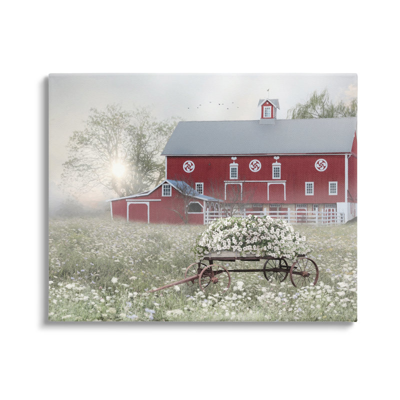 «Red Barn Floral Wagon Meadow Floater» par Lori Deiter, H 24 po x l 30 po x P 1,5 po, Toile tendue