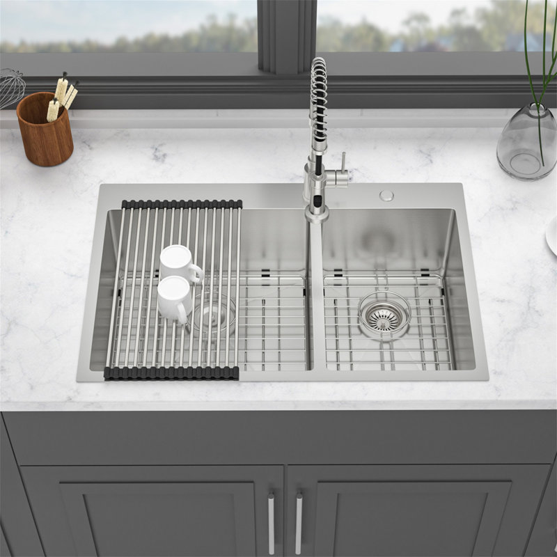 Double Bowl  Drop In Sink - 33"X22"X10" Stainless Steel Kitchen Sink 16 Gauge With Two 10" Deep Basin