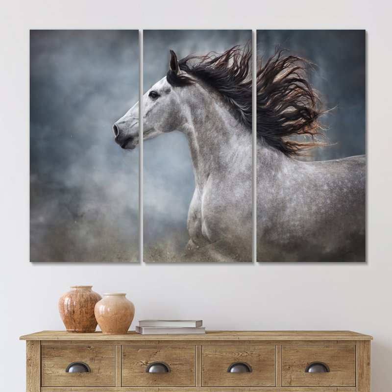 Portrait d'un cheval blanc galopant II - reproduction d'art sur toile traditionnelle, H 28 po x l 36 po x P 1 po