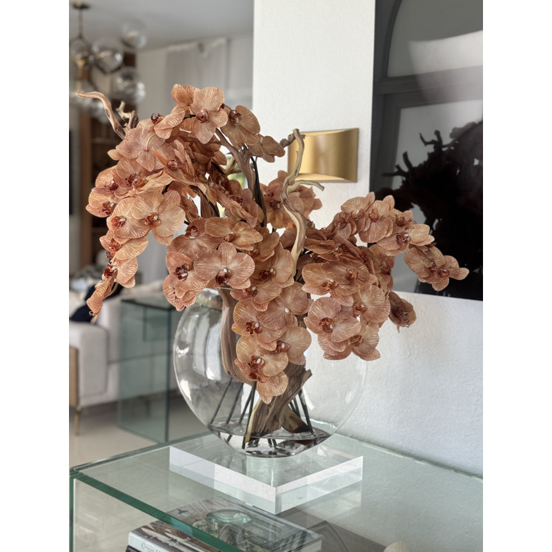 16" Glass Moon Vase With Light Brown Orchids And Driftwood, Brown