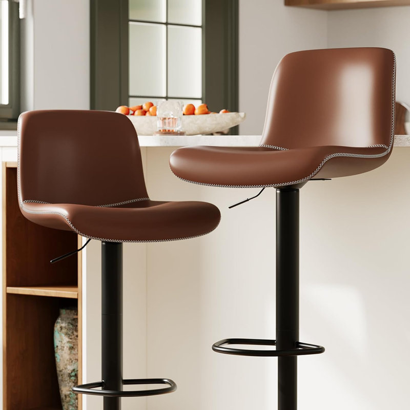 Brown Adjustable Swivel Leather Bar Stools with Metal Footrest (Set of 2)