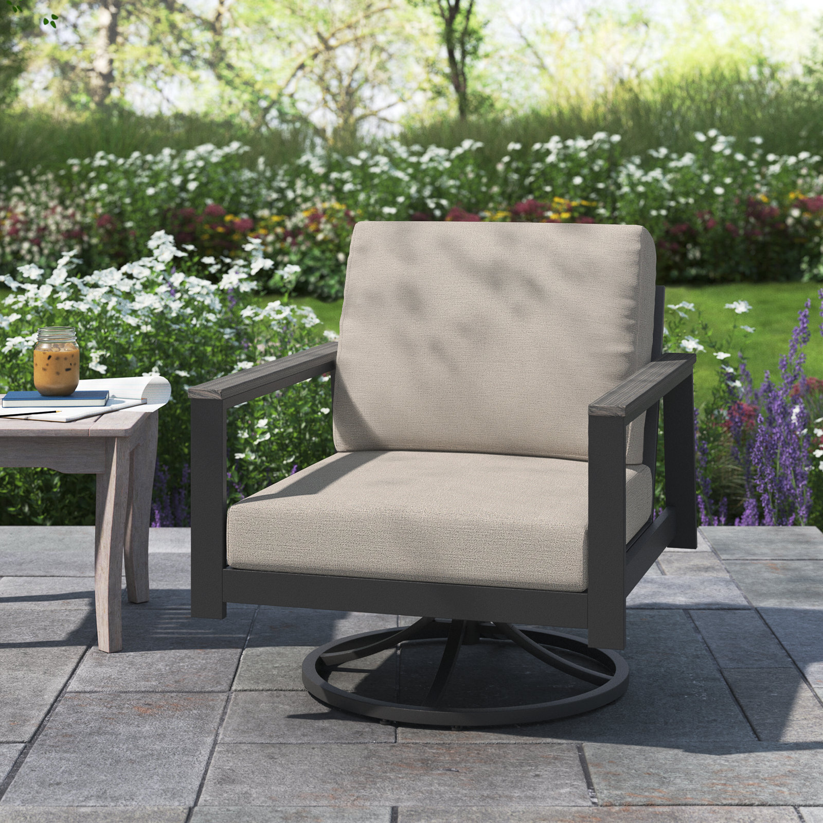 Townsend Outdoor Rocking Metal Chair with Sunbrella® Cushions, Cast Silver Sunbrella®, Black, Yes