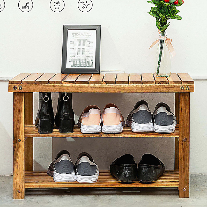 Banc à chaussures en bois, range-chaussures en bois naturel à 2 niveaux pour vestibule, salle de bain