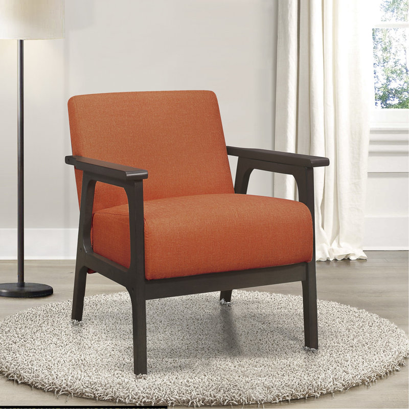 Chaise d'appoint de salon avec revêtement texturé orange, bois massif, chaise en tissu gris antique, structure en bois, finition pour la maison