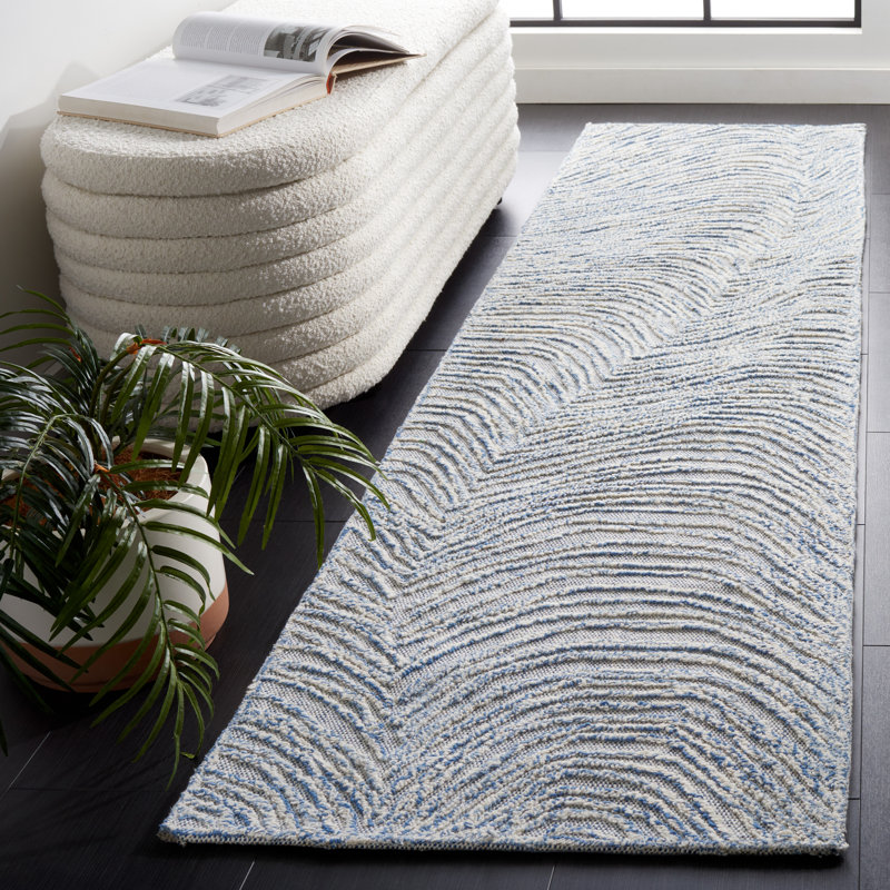 Aniessa Striped Hand Tufted Wool/Cotton Area Rug in White/Blue, Runner 2'3" x 9'