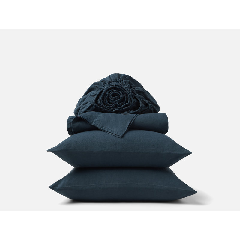 Organic Relaxed Linen Sheet Set, Queen Sheet Set with 2 Pillowcases, Midnight Indigo