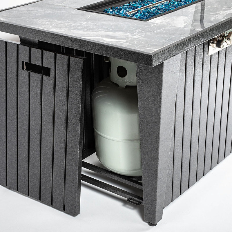 Steel Fire Pit Table with Tile Tabletop, Glass Wind Guard and Lid