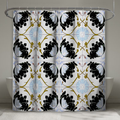 Rideaux de douche à motif floral noir et blanc très longs