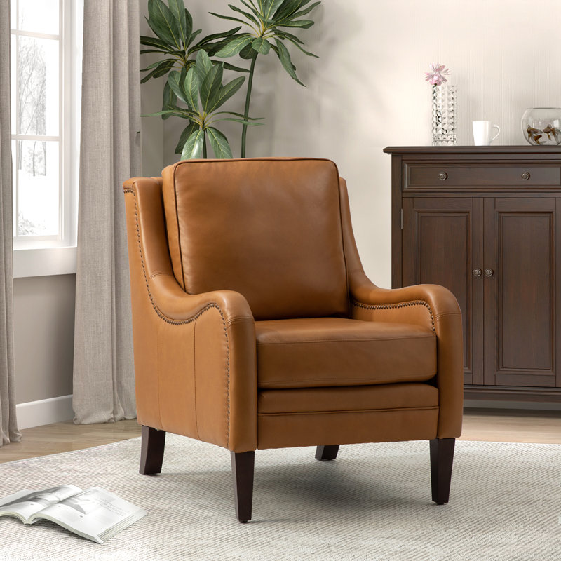 Amberlie 27.56" W Genuine Leather Arm Chair, Camel Genuine Leather