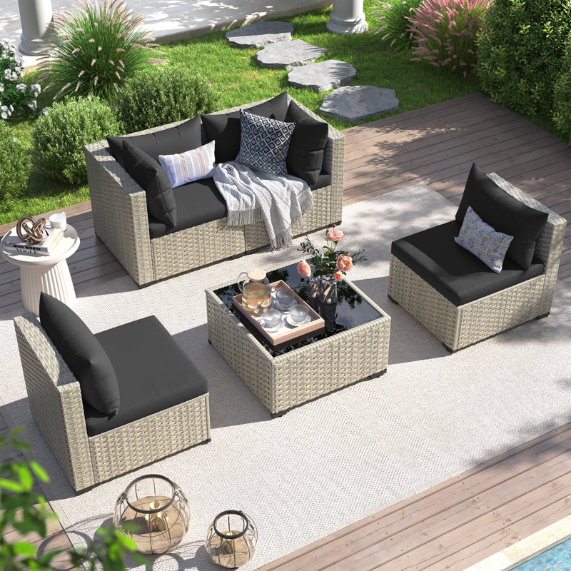 5 Pieces Rattan Patio Conversation Sets With Cushions, Black