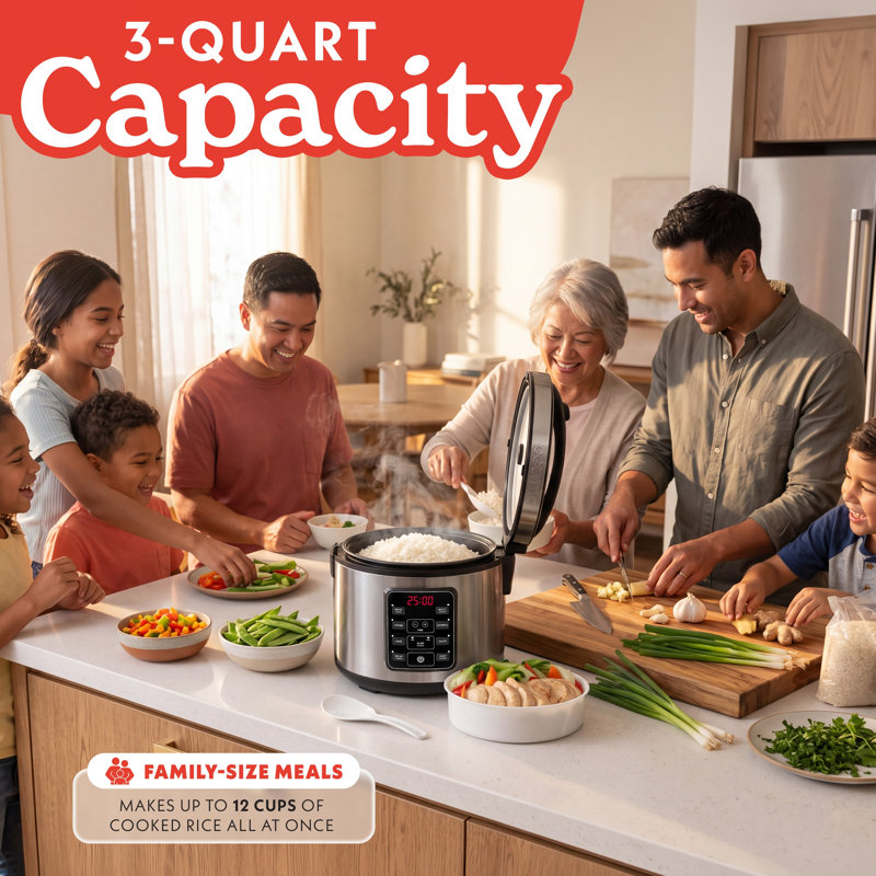Gourmia 3 Qt Digital Rice Cooker & Steamer – 12 Cup Cooked (6 Cup Uncooked) Stainless Steel