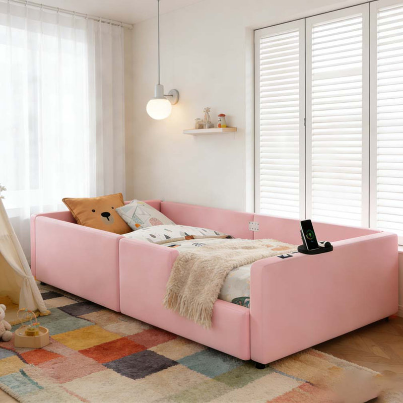 Lit plateforme simple tapissier, Rose