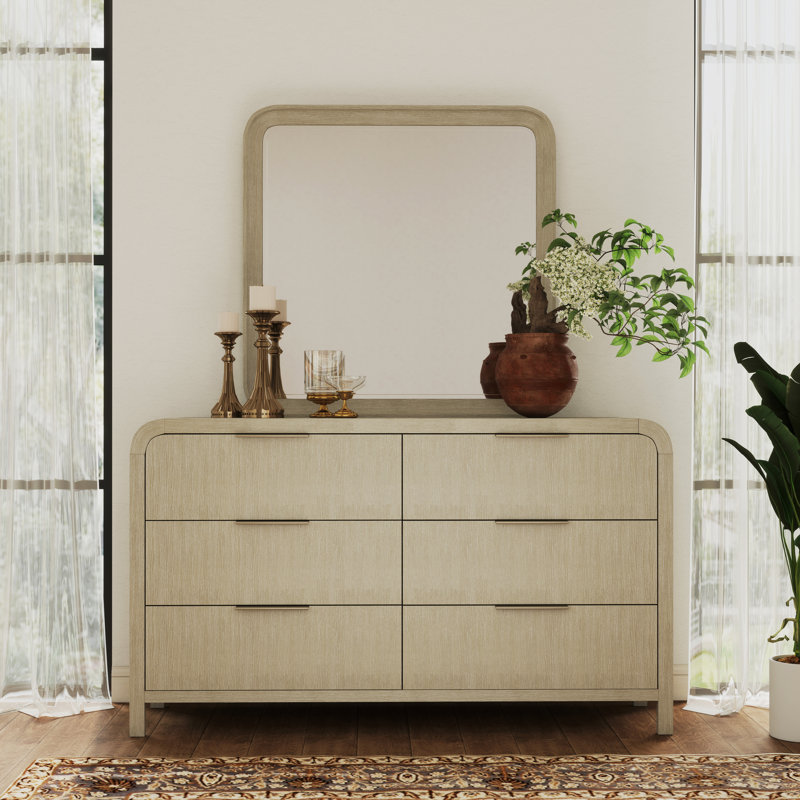 Commode contemporaine à 6 tiroirs avec miroir rond gris clair Roundhill Furniture