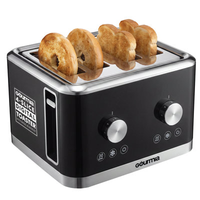 Grille-pain Gourmia à 4 tranches avec deux commandes indépendantes, 6 niveaux de brunissement, modes bagel et décongélation, fentes extra-larges, plateau à miettes coulissant, conception compacte, noir