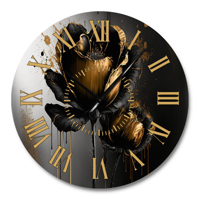 Black And Gold Crocus Floral Design II - Floral & Botanical Golden Face Wall Clock