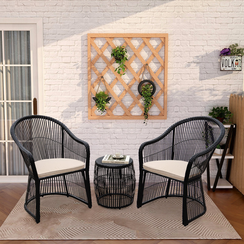 Lustig 3 Piece Rattan Seating Group with Cushions, Black