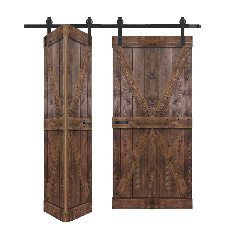 Porte de grange double pliante en bois massif de style K avec ensemble de quincaillerie - Assemblage requis, 60 po x 84 po