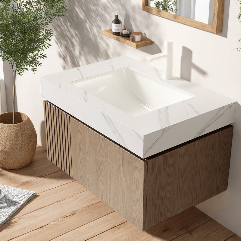 Meuble-lavabo de qualité supérieure avec rangement, plateau en pierre de Carrare, style moderne