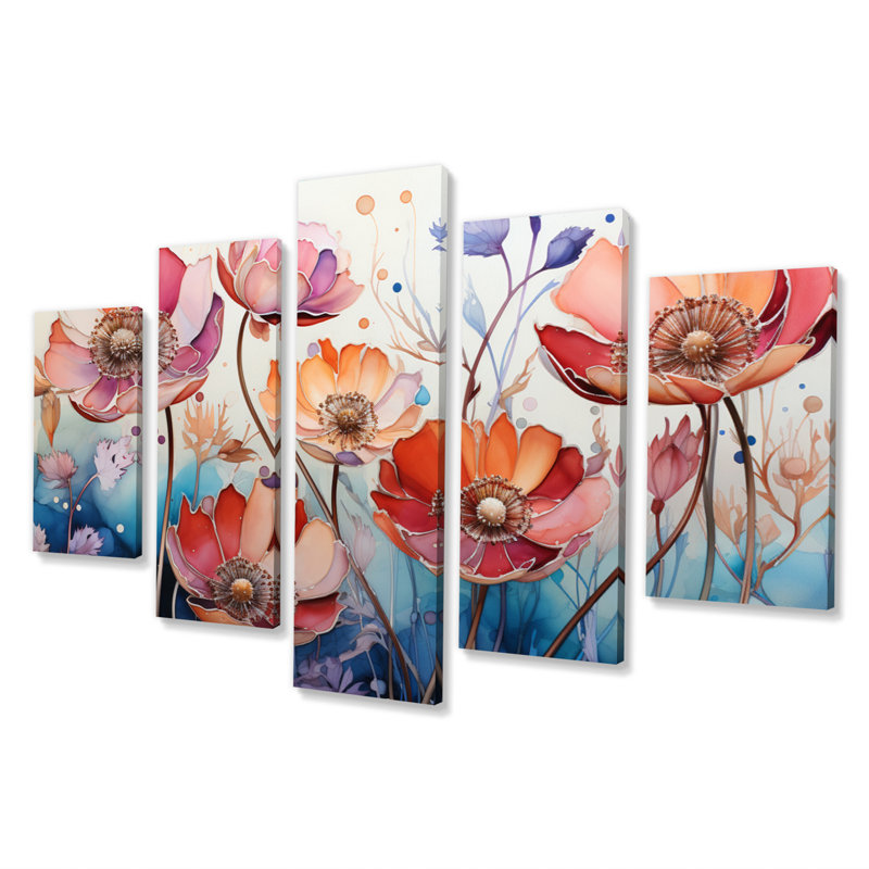 Sérénade botanique rouge-bleu sur toile, 5 pièces
