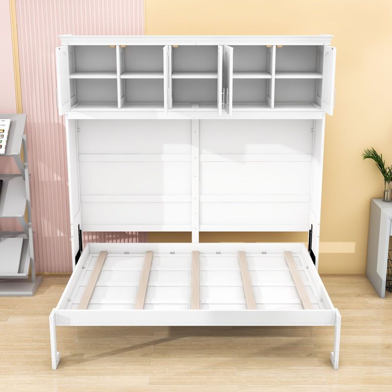 Lit escamotable en bois avec armoires supérieures, conception pliable peu encombrante, Double, Blanc