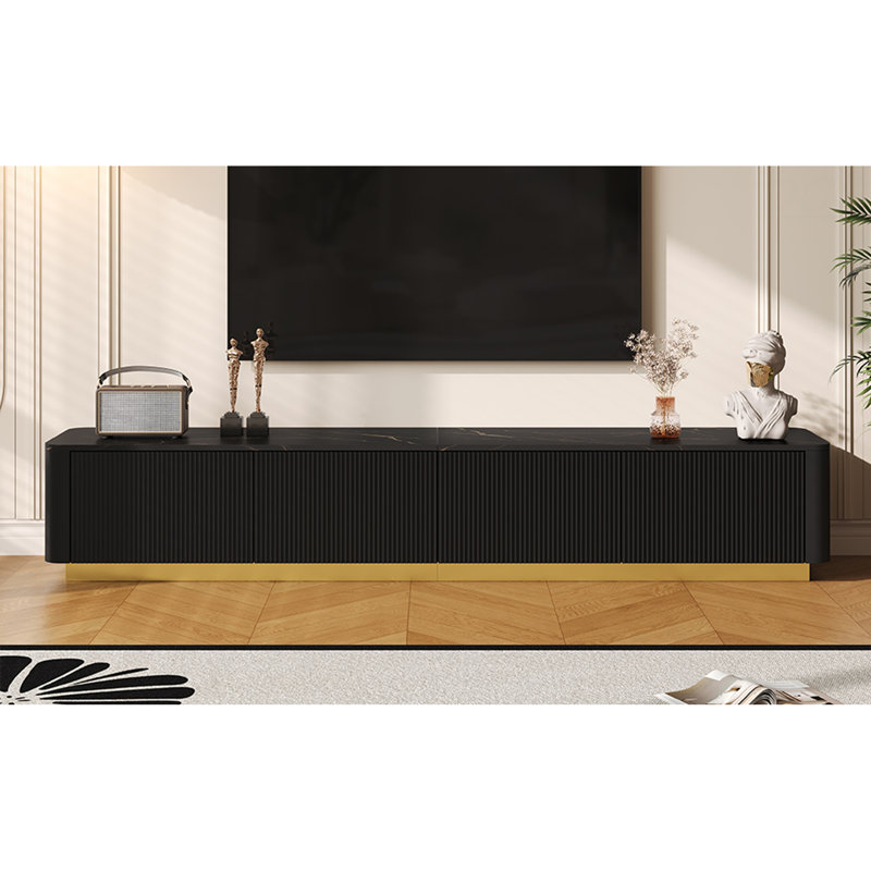 Luxury Fluted TV Stand For Tvs Up To 85", Faux Marble Tabletop Media Console With 4 Drawers, Curved Profile Design, Modern Entertainment Center With Gold Base For Living Room, TV Stand