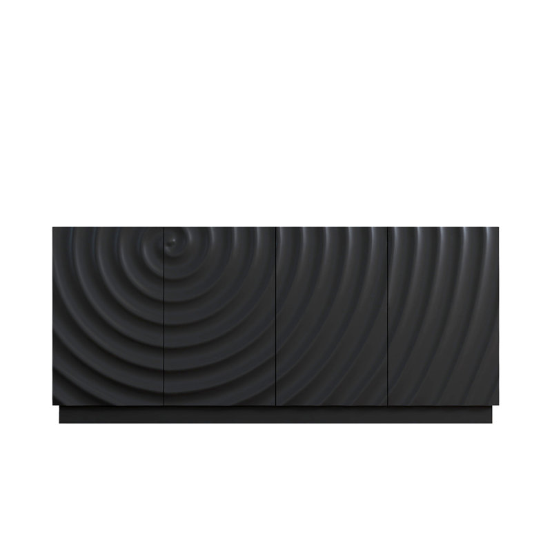 Buffet 59 po avec grain spiralé et armoire moderne à 4 portes pour le rangement de la cuisine ou du salon, noir, Noir
