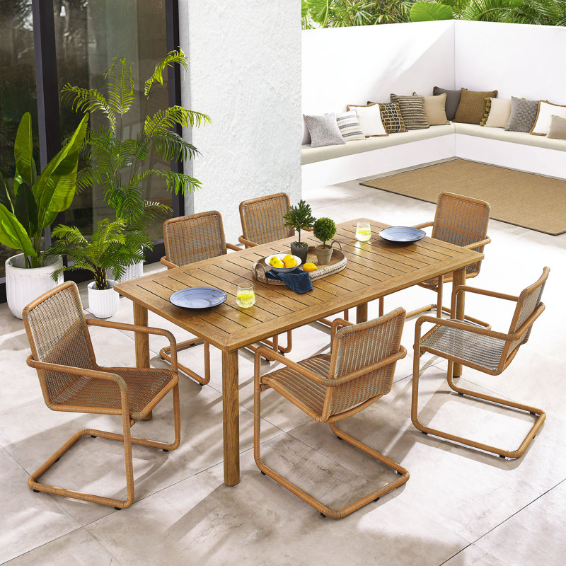 Abacus 7-Piece Rectangular Outdoor Patio Aluminum Dining Table Set With Rattan Armchairs, Natural