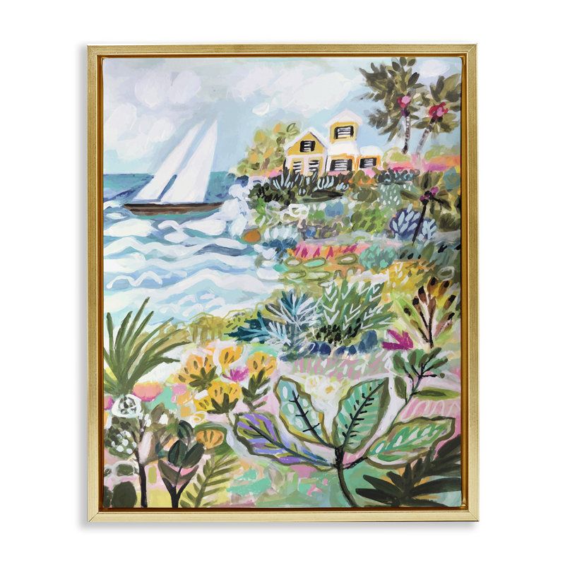 Scène nautique abstraite par Karen Fields, Cadre flottant métallique doré, H 21 po x l 17 po