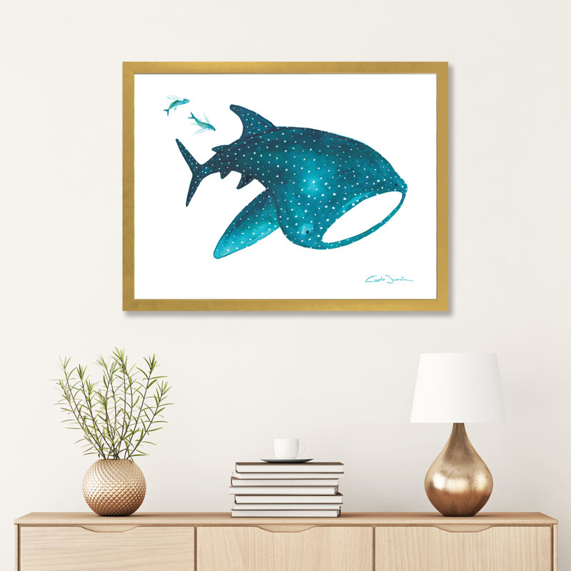 " Whale Shark And Fishes ", White, 24" H x 32" W x 1" D, Gold Framed Paper