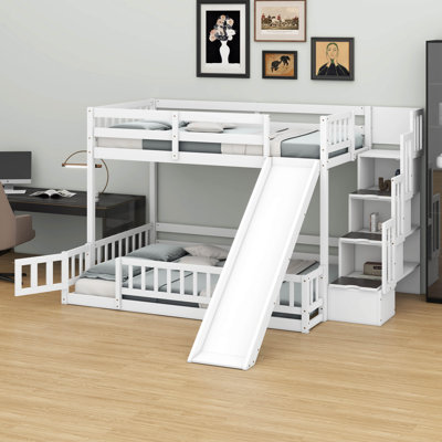 Twin Over Full Solid Pine Wood Bunk Bed – Slide, Storage Staircase & Safety Guardrails