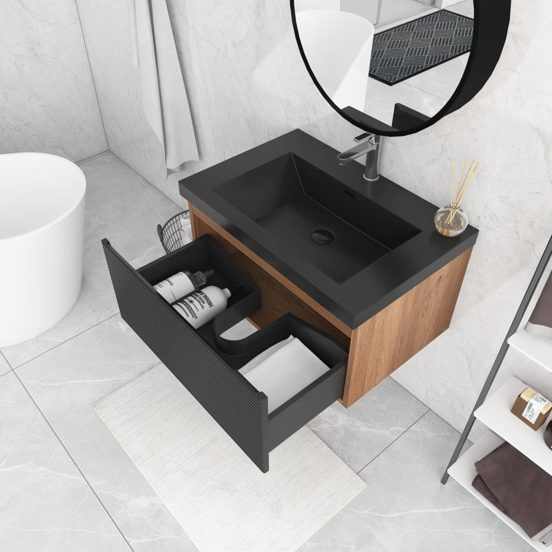 Meuble-lavabo mural simple 30 po en chêne mat avec plateau en résine intégré