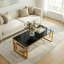 Table basse rectangulaire dorée, table basse moderne avec plateau en verre trempé et structure géométrique en métal doré, table basse d'appoint luxueuse pour salon, 120 cm-17410487-17410485