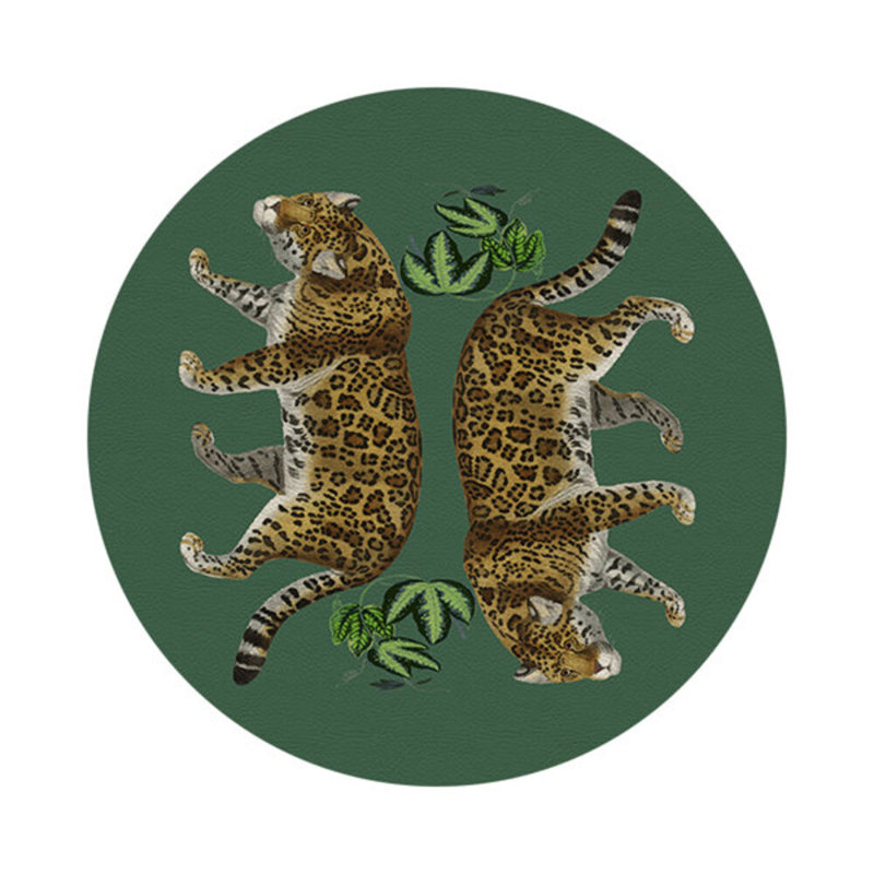 Leopard Seeing Double Vegan Leather Round Coasters, Evergreen
