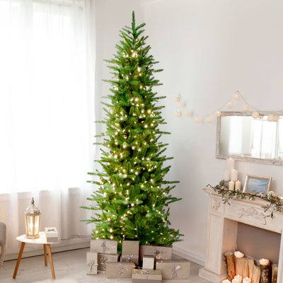 Fraser Hill Farm 9 ft. Carmel Pine Slim Artificial Prelit Christmas Tree with White Incandescent Smart Lights and Stand