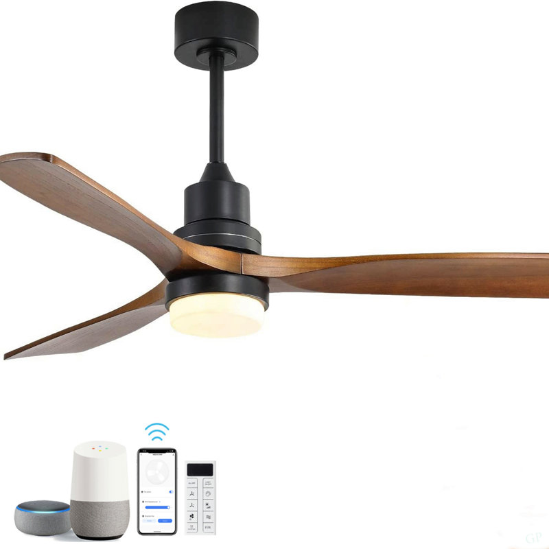 52 Inch Smart Ceiling Fan With LED 18W Triple Colour Dimmable Memory Lighting 3 Walnut Finish Blades And DC Motor