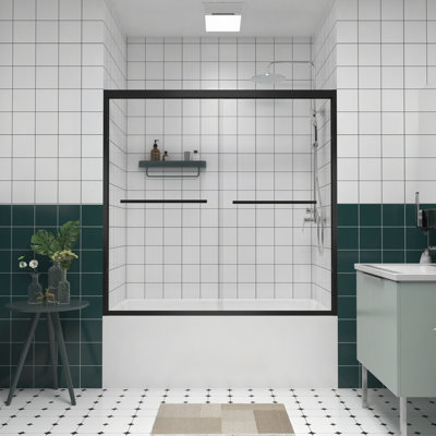 56-60"X58" Aluminum Frame Double Sliding Bathtub Screen,Bypass Bathroom Sliding Door With Premium 1/4" (6Mm) Clear Tempered Glass Hardware Sliding Glass Shower Enclosure