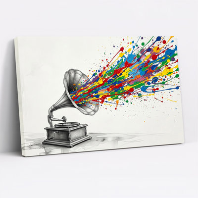 Vintage Gramophone With Colorful Paint Splatter Canvas Wall Art
