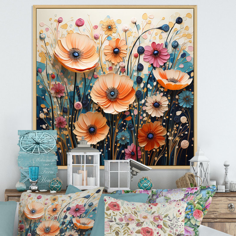 Motif abstrait pointillisme de fleurs sauvages sur toile, H 24 po x l 24 po x P 1 po, Cadre naturel flottant