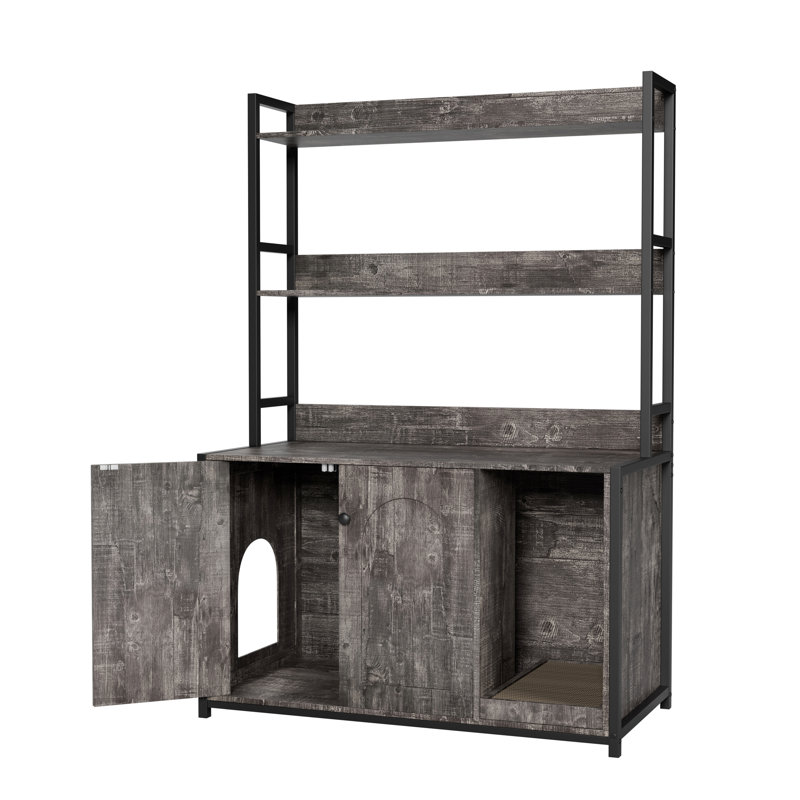 Grande armoire à chat intérieure grise avec rangement pour tablette, portes doubles et bloc-notes, un bac à litière dissimulé intelligent