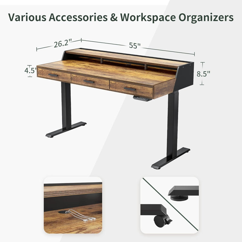 Bureau debout électrique 55 "avec tiroirs, Brun / Noir, L 55 po x P 26 po