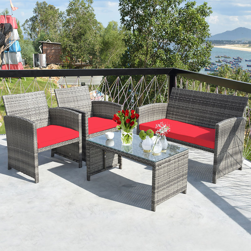 4 - Person Patio Conversation Set with Cushions, Red