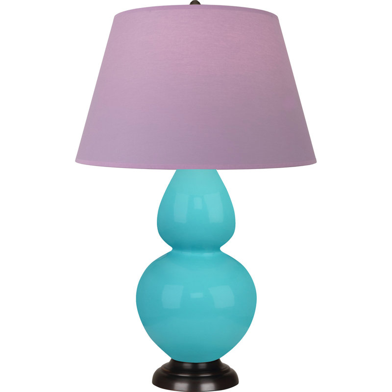 Lampe de table double gourde en céramique, Bleu œuf émaillé / bronze, Lavande / prune, Bronze